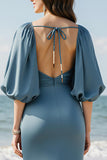 Sky Blue V-Neck Satin Sheath Long Formal Dress with Slit