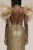 Sparkly Gold Mermaid Ruffled Pageant Dress with Slit