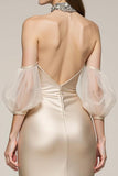Champagne Mermaid Cold Shoulder Pageant Dress with Slit