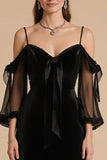 Black A Line Cold Shoulder Long Black Tie Dress with Sleeves