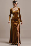 Twilight Sheath Velvet Square Neck Long Black Tie Dress with Slit