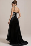Black A Line Spaghetti Straps Long Black Tie Dress with Appliques