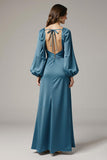 Grey Blue Sheath Satin V-Neck Long Black Tie Dress with Sleeves