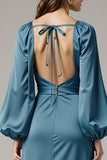 Grey Blue Sheath Satin V-Neck Long Black Tie Dress with Sleeves