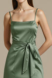 Light Green Satin A Line Long Black Tie Dress with Slit