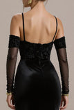 Black Mermaid Cold Shoulder Long Black Tie Dress with Appliques