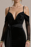 Black Mermaid Cold Shoulder Long Black Tie Dress with Appliques