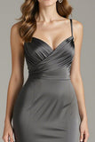Steel Grey Satin Mermaid Long Black Tie Dress with Slit