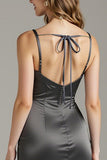 Steel Grey Satin Mermaid Long Black Tie Dress with Slit