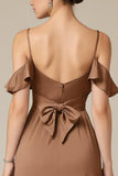 Terracotta Ruffled Satin Cold Shoulder Long Black Tie Dress with Slit
