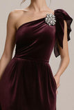 Burgundy One Shoulder A Line Long Black Tie Dress with Ruffles