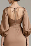 Terracotta Satin V-Neck Floral Long Black Tie Dress with Sleeves