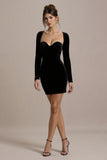 Black Satin Sweetheart Bodycon Short Cocktail Dress with Sleeves