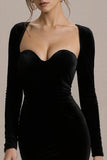 Black Satin Sweetheart Bodycon Short Cocktail Dress with Sleeves