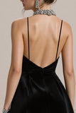 Simple Black Velvet A Line Spaghetti Straps Short Cocktail Dress with Lace