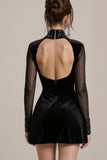 Sparkly Black Velvet Beaded A Line Short Cocktail Dress with Sleeves