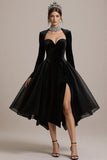Black Velvet A Line Midi Cocktail Dress with Sleeves