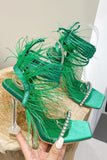 Sparkly Fuchsia Strappy Stiletto Heel Sandals with Feather