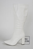 White Wide Calf Pointed Toe Knee High Chunky Heel Boots