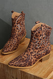 Brown Leopard Pointed Toe Chunky Heel Embroidered Cowgirl Ankle Boots