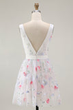 Sparkly Floral White V-Neck Backless A Line Sequin Homecoming Dress
