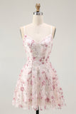 Pink Floral Sequins A Line Short Homecoming Dress with Lace Up Back