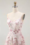 Pink Floral Sequins A Line Short Homecoming Dress with Lace Up Back
