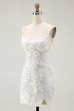 White Bodycon Spaghetti Straps Appliqued Homecoming Dress with Slit