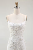 White Bodycon Spaghetti Straps Appliqued Homecoming Dress with Slit