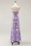 Strapless Purple Floral Sheath Prom Dress with Beading