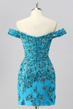 Off The Shoulder Blue Beaded Corset Bodycon Homecoming Dress with Appliques