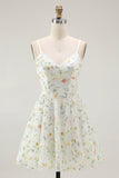 Green Floral A Line Spaghetti Straps Short Homecoming Dress