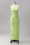 Green Sheath Sequins Spaghetti Straps Beaded Prom Dress with Slit