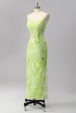 Green Sheath Sequins Spaghetti Straps Beaded Prom Dress with Slit