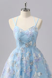 Blue Floral A Line Sequin Mini Homecoming Dress