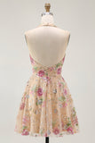 Sparkly Halter Floral Champagne A Line Halter Sequins Homecoming Dress
