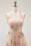 Sparkly Halter Floral Champagne A Line Halter Sequins Homecoming Dress