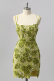 Green Bodycon Beaded Mini Homecoming Dress with 3D Flowers