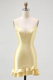Yellow Beaded Bodycon Ruffled Mini Homecoming Dress