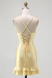 Yellow Beaded Bodycon Ruffled Mini Homecoming Dress