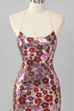 Yellow Floral Sequin Bodycon Mini Homecoming Dress