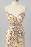 Yellow Floral Sequin Bodycon Mini Homecoming Dress