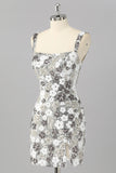 Sparkly Silver Floral Sequin Bodycon Mini Homecoming Dress with Slit