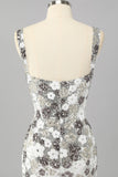 Sparkly Silver Floral Sequin Bodycon Mini Homecoming Dress with Slit