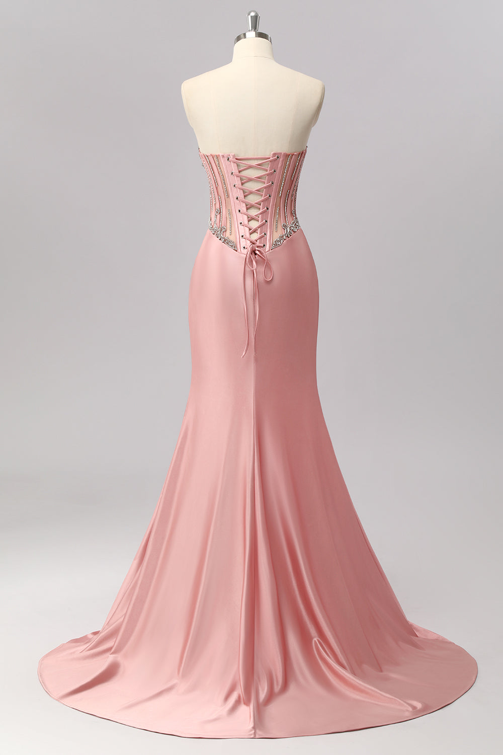 ZAPAKA Women Blush Long Prom Dress with Slit Strapless Beaded Corset Ruched Party Dress, Blush / US22W