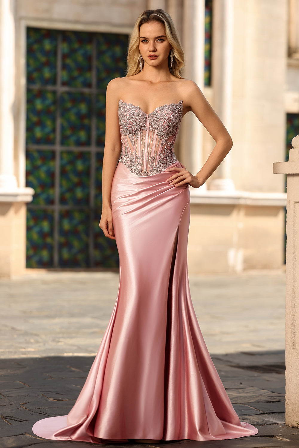 ZAPAKA Women Blush Long Prom Dress with Slit Mermaid Strapless Corset Satin Formal Dress with Rhinestones, Blush / US24W ZAPAKA Women Blush Long Prom Dress with Slit Mermaid Strapless Corset Satin Formal Dress with Rhinestones, Blush / US24W