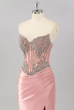 Blush Strapless Corset Mermaid Beaded Prom Dress