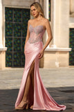 Blush Mermaid Strapless Corset Satin Long Prom Dress with Rhinestones