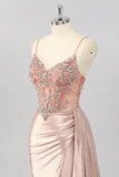 Blush Mermaid Spaghetti Straps Beaded Prom Dress with Side Streamer
