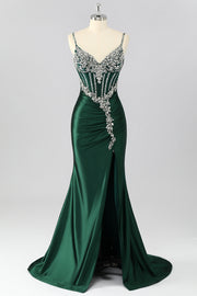 Dark Green Corset Mermaid Long Prom Dress with Rhinestones